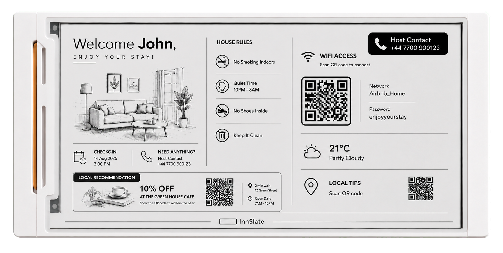 InnSlate display showing a personalised arrival welcome for John